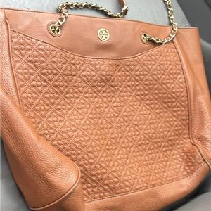 Tory Burch Quilted Leather Tote in Tan